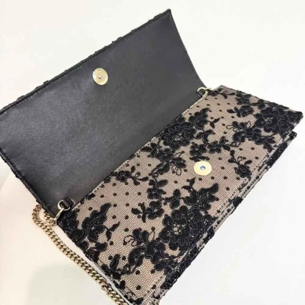 JIMMY CHOO Lilia Black Lace Gold Chain Shoulder Clutch Floral Flap Handbag